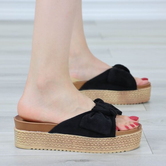 Suede Black Bow Comfort Platform Sandal Slip On Sliders - Picture 9 of 12